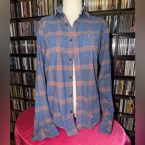 Hollister Men's Blue & Orange Plaid Button Up Shirt Size Small Stretch Casual